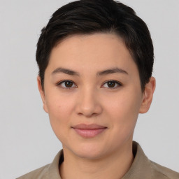 Joyful asian young-adult female with short  brown hair and brown eyes