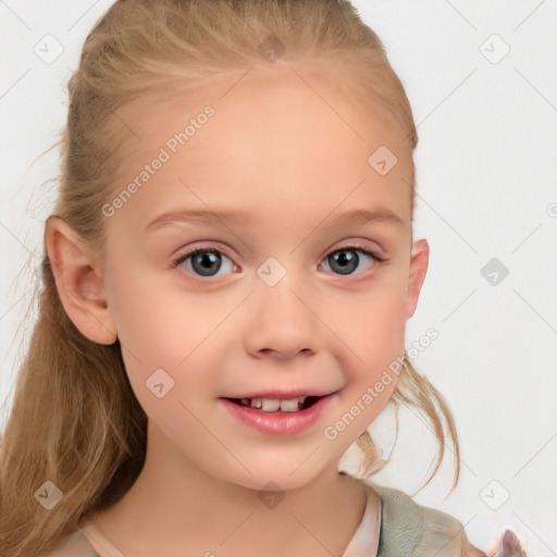 Joyful white child female with medium  brown hair and blue eyes