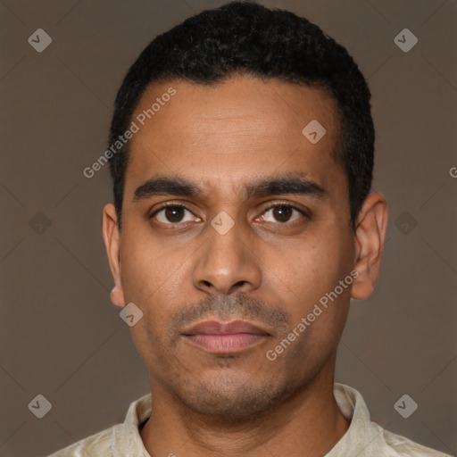 Neutral black young-adult male with short  black hair and brown eyes