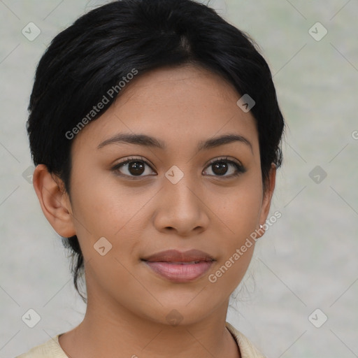 Joyful latino young-adult female with medium  black hair and brown eyes