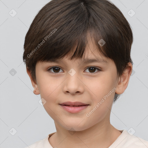 Joyful white child female with short  brown hair and brown eyes