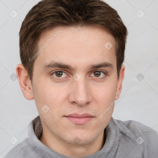 Neutral white young-adult male with short  brown hair and grey eyes