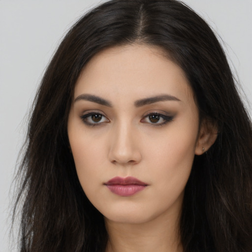 Neutral asian young-adult female with long  black hair and brown eyes