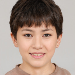 Joyful white child female with short  brown hair and brown eyes