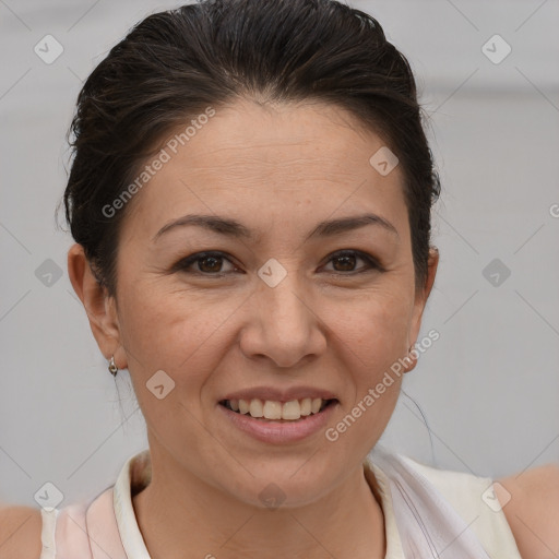 Joyful white adult female with short  brown hair and brown eyes