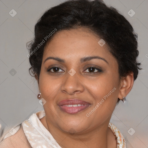 Joyful latino young-adult female with short  brown hair and brown eyes