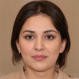Neutral white young-adult female with medium  brown hair and brown eyes