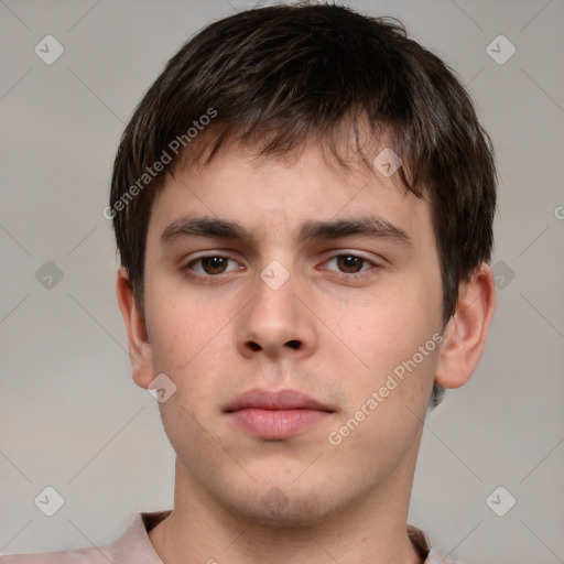 Neutral white young-adult male with short  brown hair and brown eyes