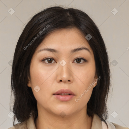 Neutral asian young-adult female with medium  brown hair and brown eyes