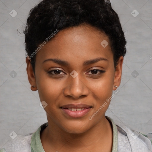 Joyful black young-adult female with short  black hair and brown eyes