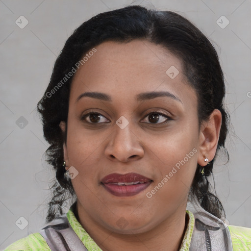 Joyful black young-adult female with medium  brown hair and brown eyes