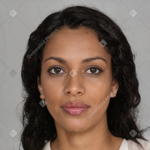 Joyful black young-adult female with medium  black hair and brown eyes