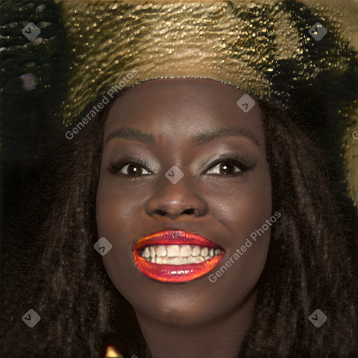 Joyful black young-adult female with long  black hair and brown eyes