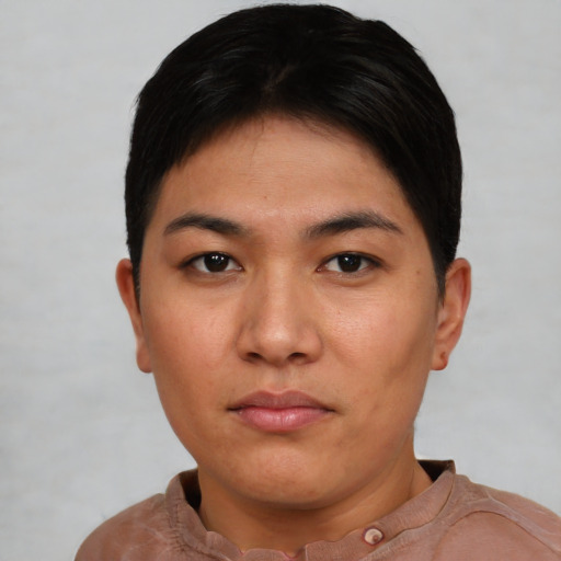 Neutral asian young-adult female with short  black hair and brown eyes