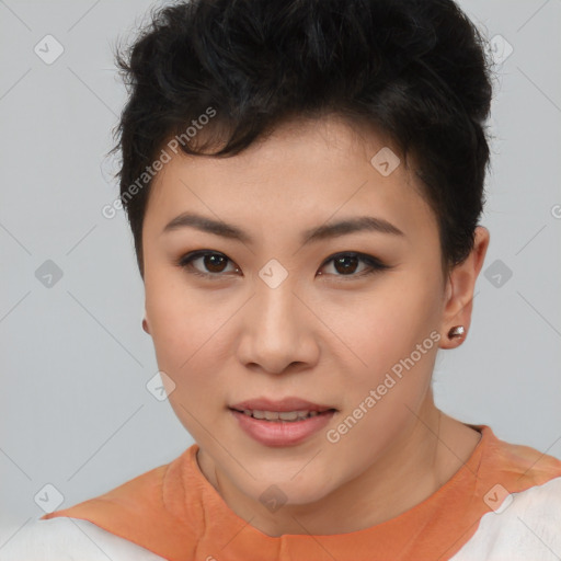 Joyful asian young-adult female with short  brown hair and brown eyes