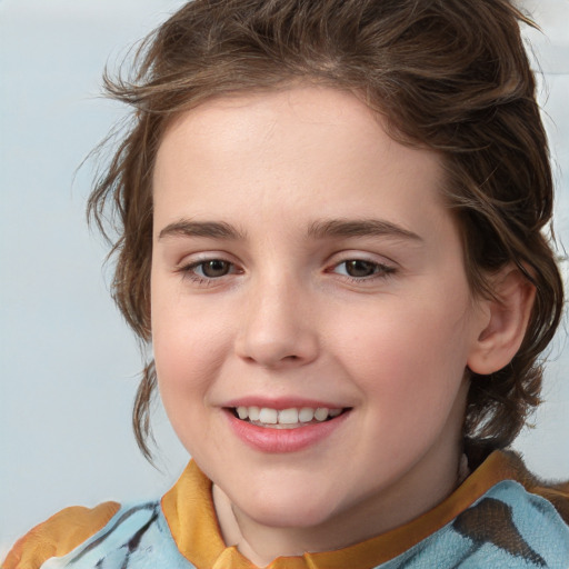 Joyful white child female with medium  brown hair and brown eyes