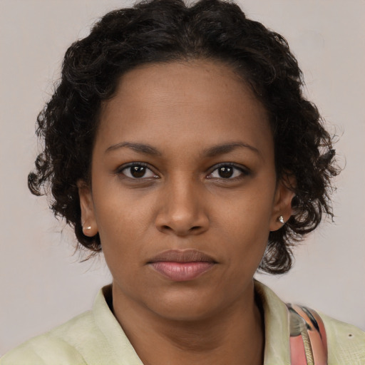 Joyful black young-adult female with medium  brown hair and brown eyes