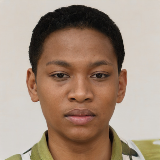 Neutral black young-adult female with short  black hair and brown eyes