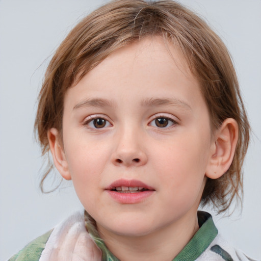 Joyful white child female with medium  brown hair and blue eyes