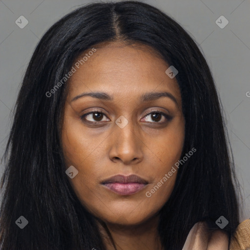 Joyful asian young-adult female with long  black hair and brown eyes