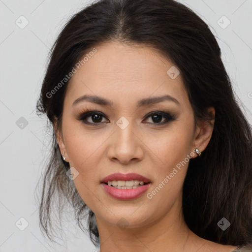 Joyful asian young-adult female with long  brown hair and brown eyes