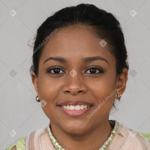 Joyful latino young-adult female with short  brown hair and brown eyes