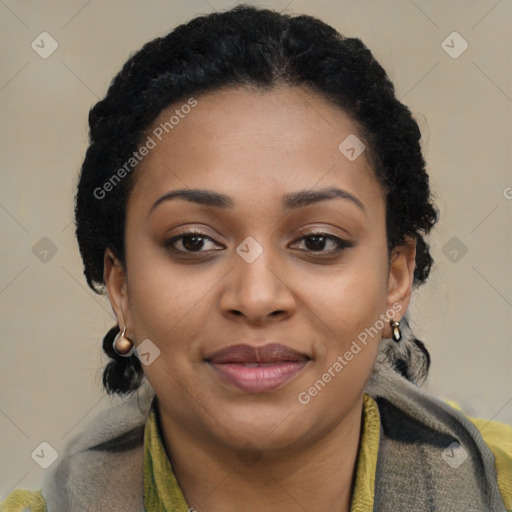 Joyful latino young-adult female with short  black hair and brown eyes