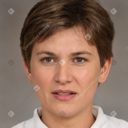 Joyful white young-adult female with short  brown hair and brown eyes