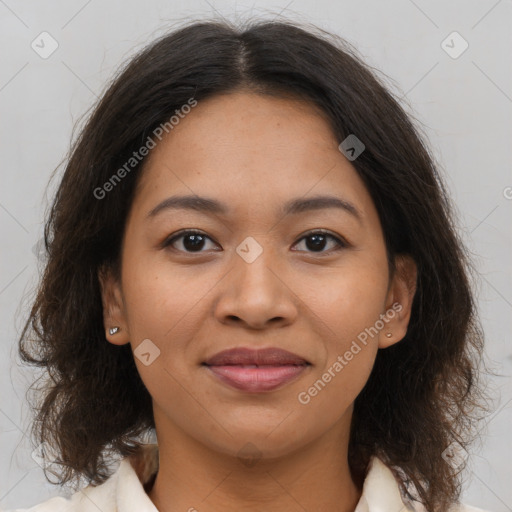 Joyful asian young-adult female with medium  brown hair and brown eyes