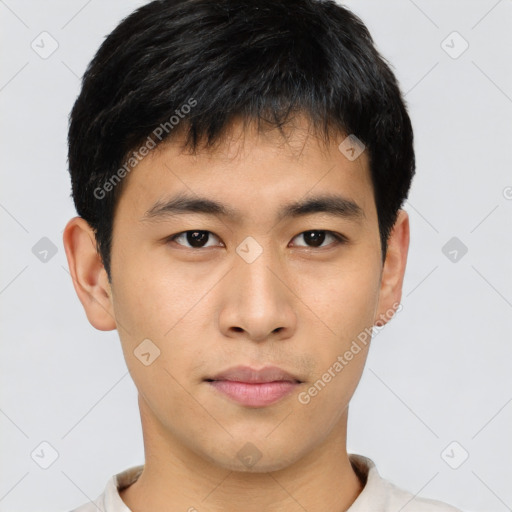 Neutral asian young-adult male with short  black hair and brown eyes