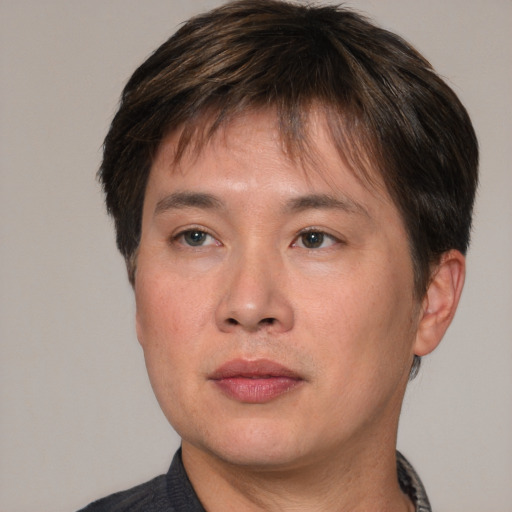 Joyful asian adult male with short  brown hair and brown eyes