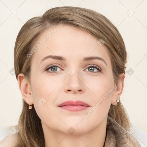 Joyful white young-adult female with long  brown hair and grey eyes