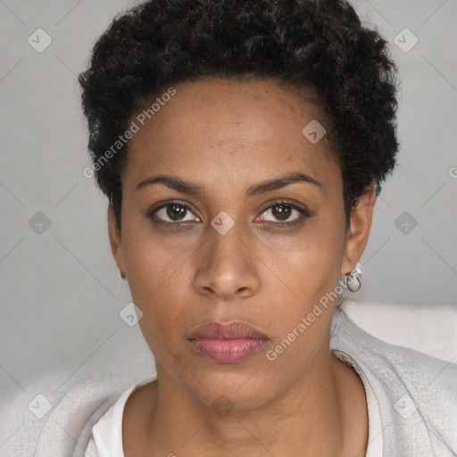 Neutral black young-adult female with short  black hair and brown eyes