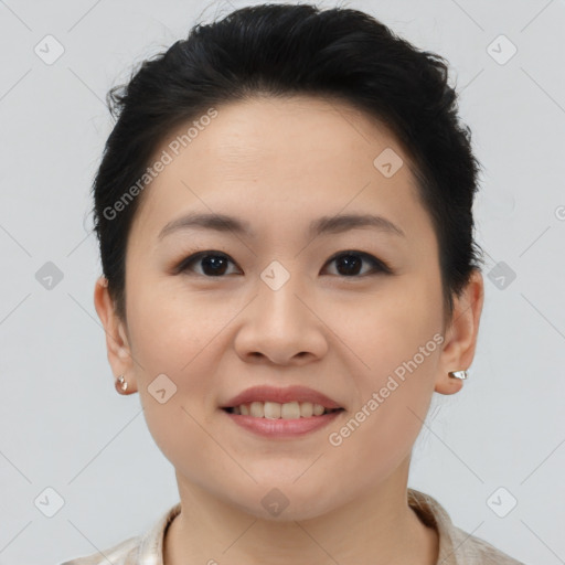 Joyful asian young-adult female with short  brown hair and brown eyes