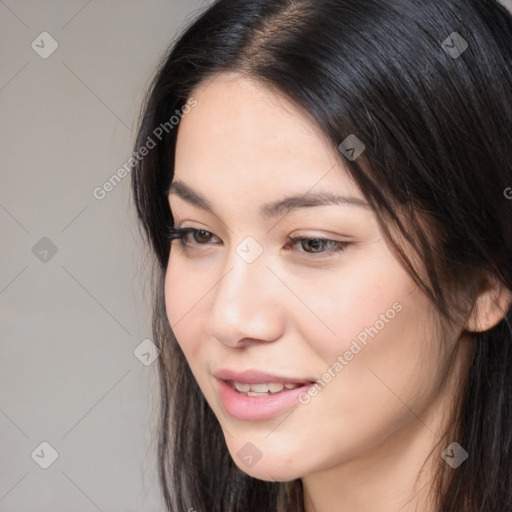 Neutral white young-adult female with long  brown hair and brown eyes