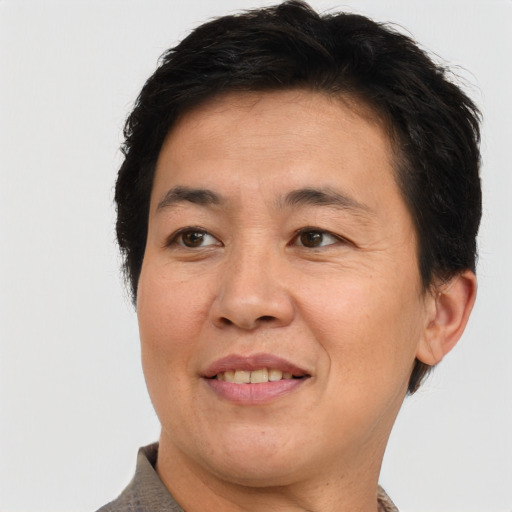 Joyful asian adult female with short  brown hair and brown eyes