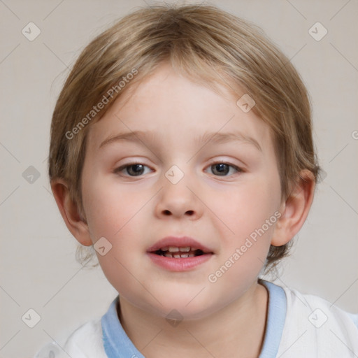 Neutral white child female with medium  brown hair and blue eyes