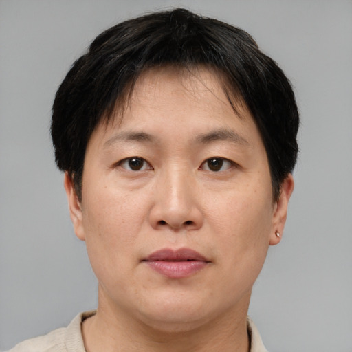 Neutral asian adult male with short  brown hair and brown eyes