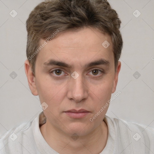 Neutral white young-adult male with short  brown hair and brown eyes