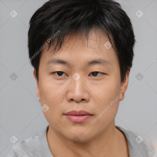 Neutral asian young-adult male with short  brown hair and brown eyes