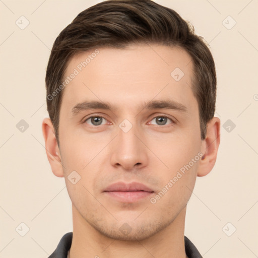 Neutral white young-adult male with short  brown hair and brown eyes