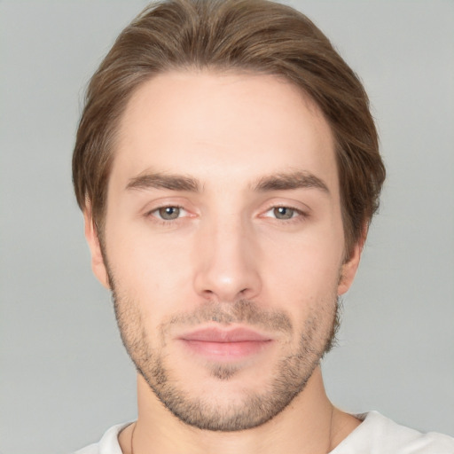 Neutral white young-adult male with short  brown hair and brown eyes