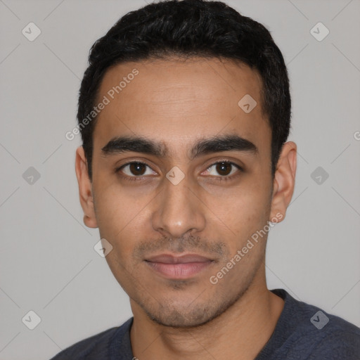 Neutral latino young-adult male with short  black hair and brown eyes