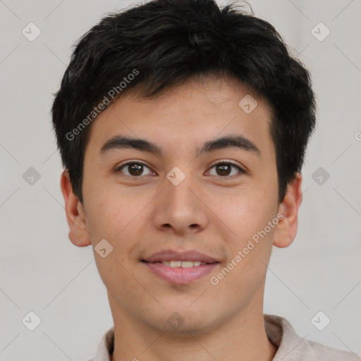 Joyful asian young-adult male with short  brown hair and brown eyes