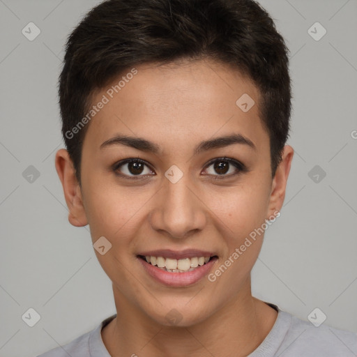 Joyful white young-adult female with short  brown hair and brown eyes