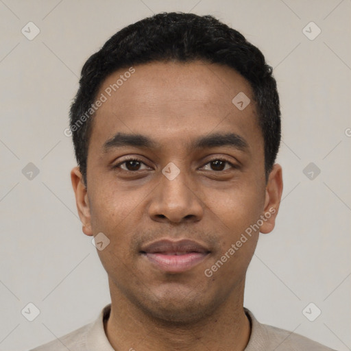 Neutral latino young-adult male with short  black hair and brown eyes
