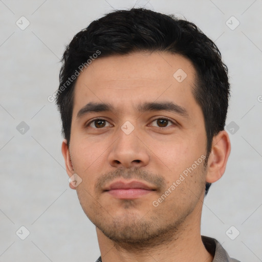 Neutral asian young-adult male with short  black hair and brown eyes