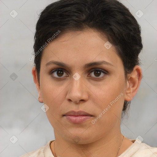 Neutral white young-adult female with short  brown hair and brown eyes