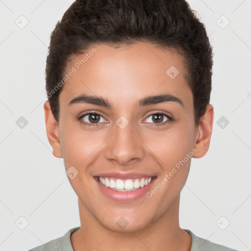 Joyful white young-adult female with short  brown hair and brown eyes