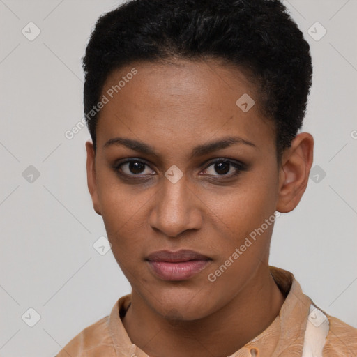 Neutral black young-adult female with short  brown hair and brown eyes